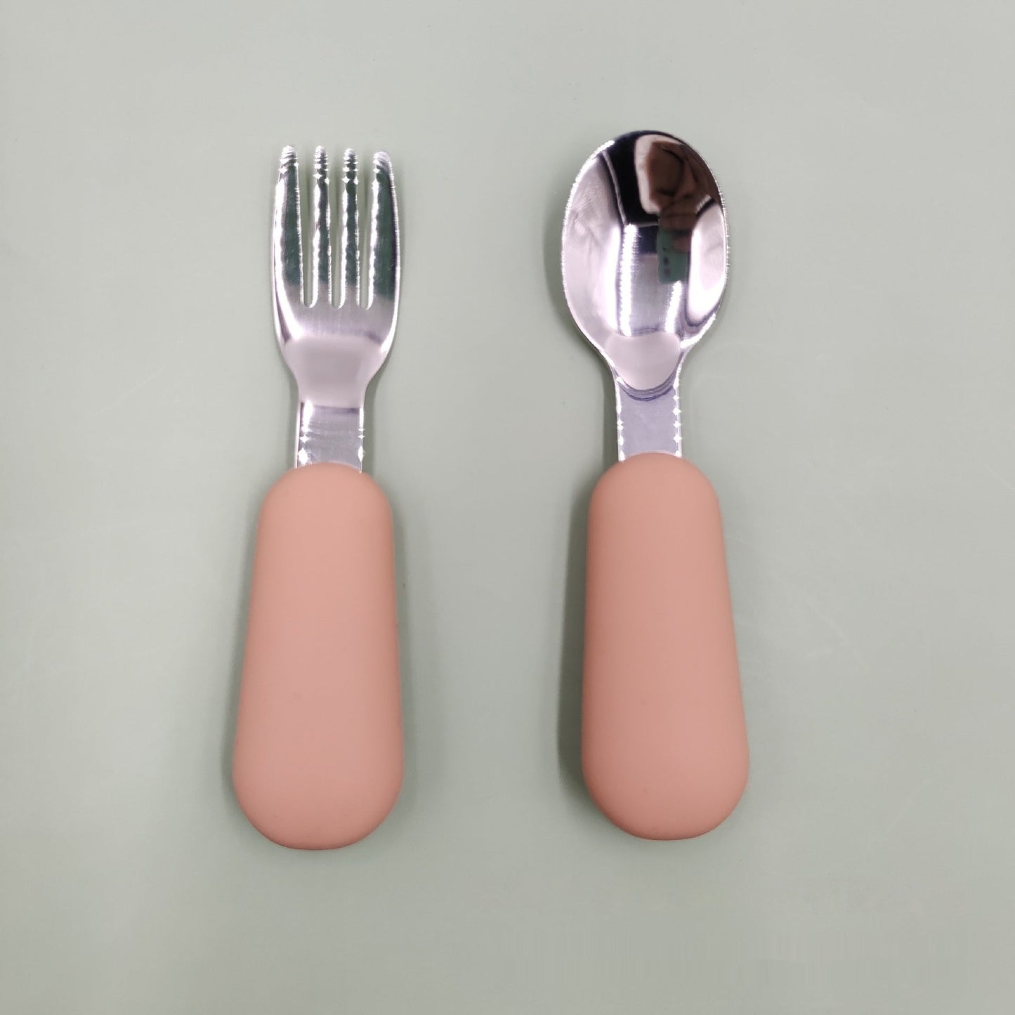 Stainless Steel Baby Spoon Fork Set - Short Handle Silicone Grip