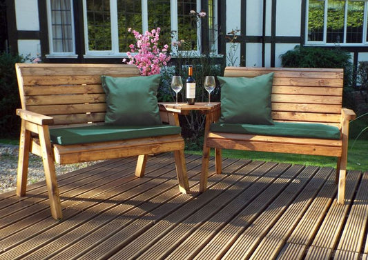 Charles Taylor Trading Twin Bench Set Angled With Green Cushion Brown