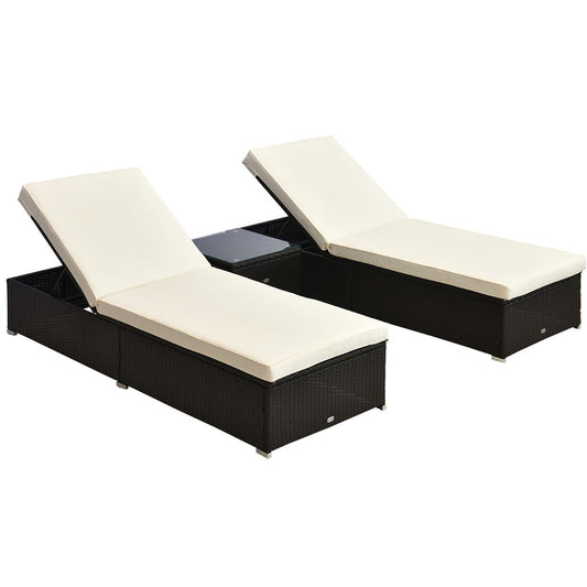 Outsunny  3 PCS Rattan Lounger Set-Deep Coffee/Cream White  Brown 195cm x 70cm x 32.5 cm