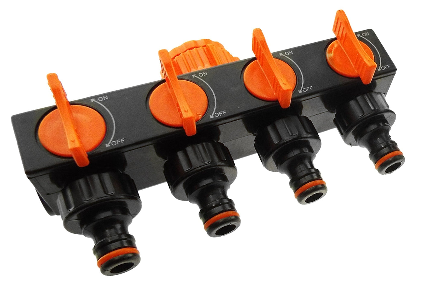 4-Way Splitter with Valves Black Orange Outdoor Watering Kit MDPE Pipe Connector
