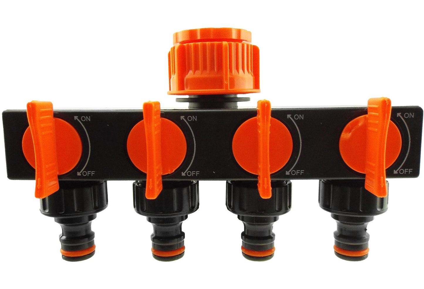 4-Way Splitter with Valves Black Orange Outdoor Watering Kit MDPE Pipe Connector