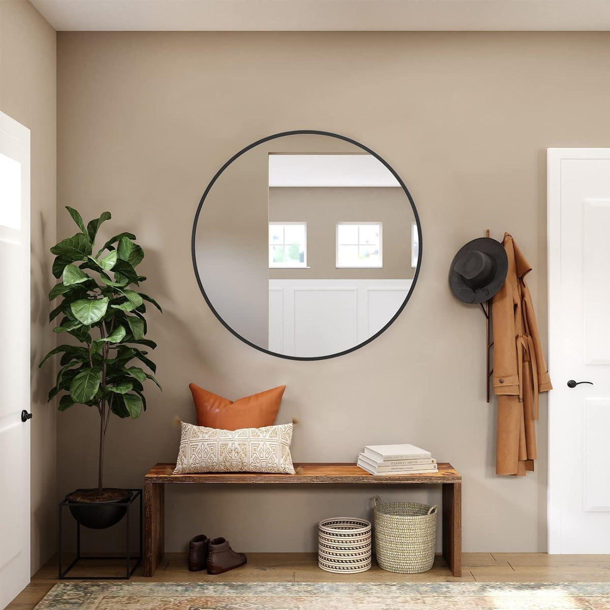 Round Wall Mirror 50x50cm Metal Frame Black Bathroom Living Room Decor ZENIDA