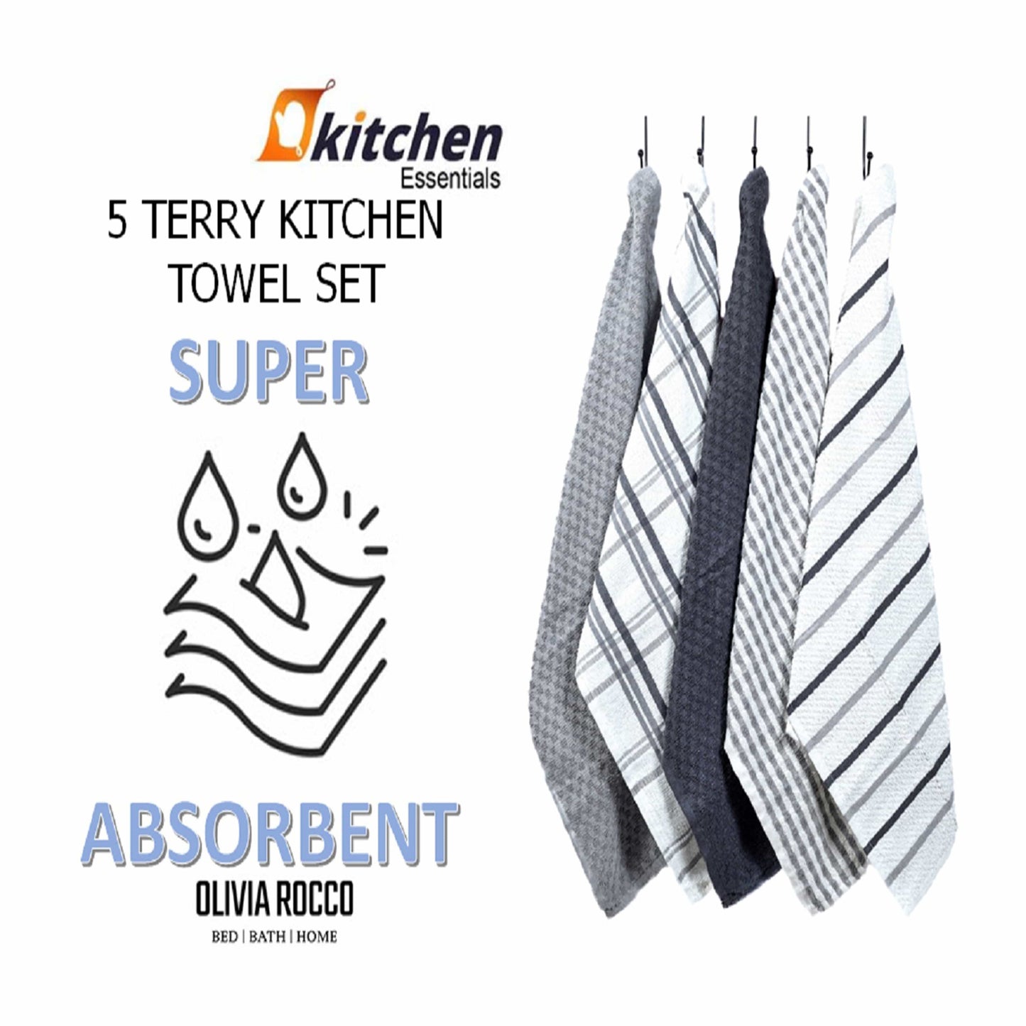 5 Pack Super Absorbent Check Quick Drying Cotton Terry Kitchen Tea Towels Durable Versatile Dish Towels for Home and Professional Use 45cm x 65cm by OLIVIA ROCCO
