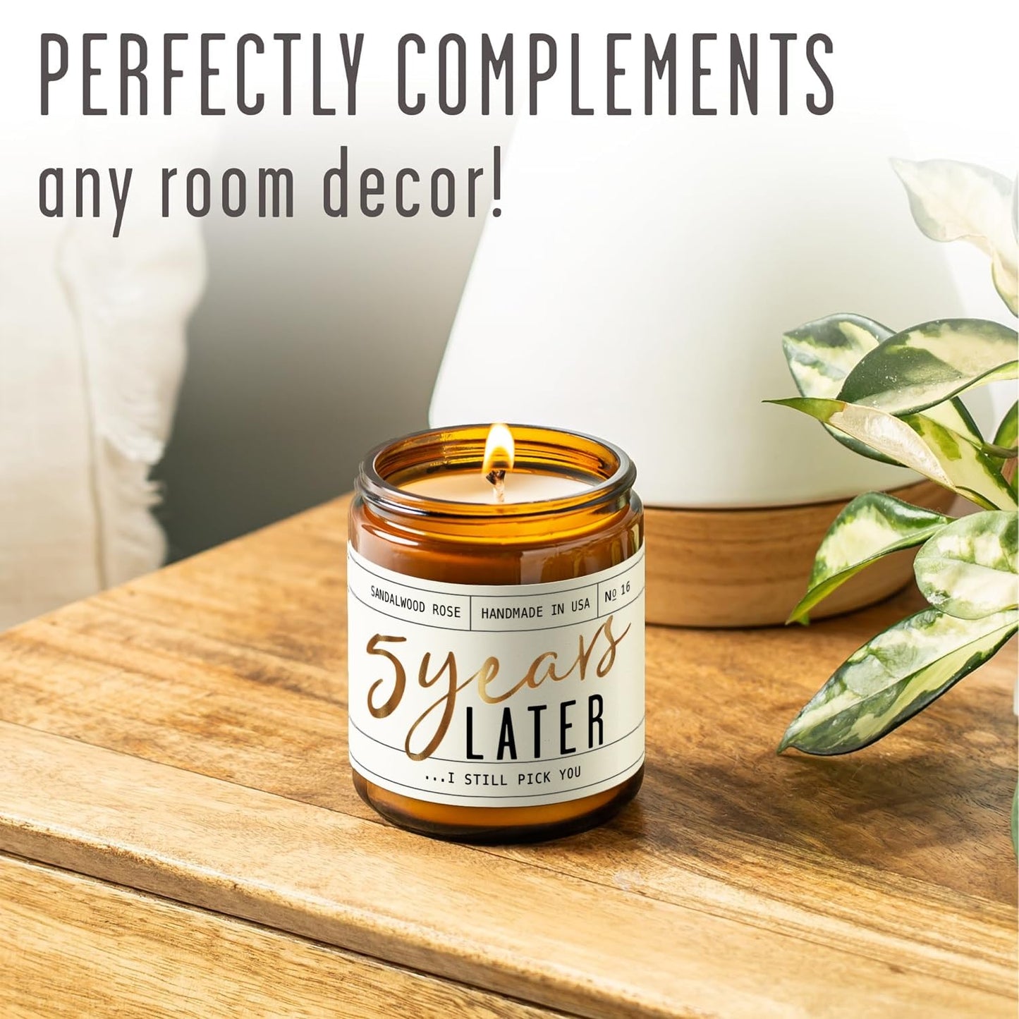 5 Year Anniversary Gift for Her — '5 Years Later' Soy Candle, Sandalwood Rose | 50Hr Burn | USA Made