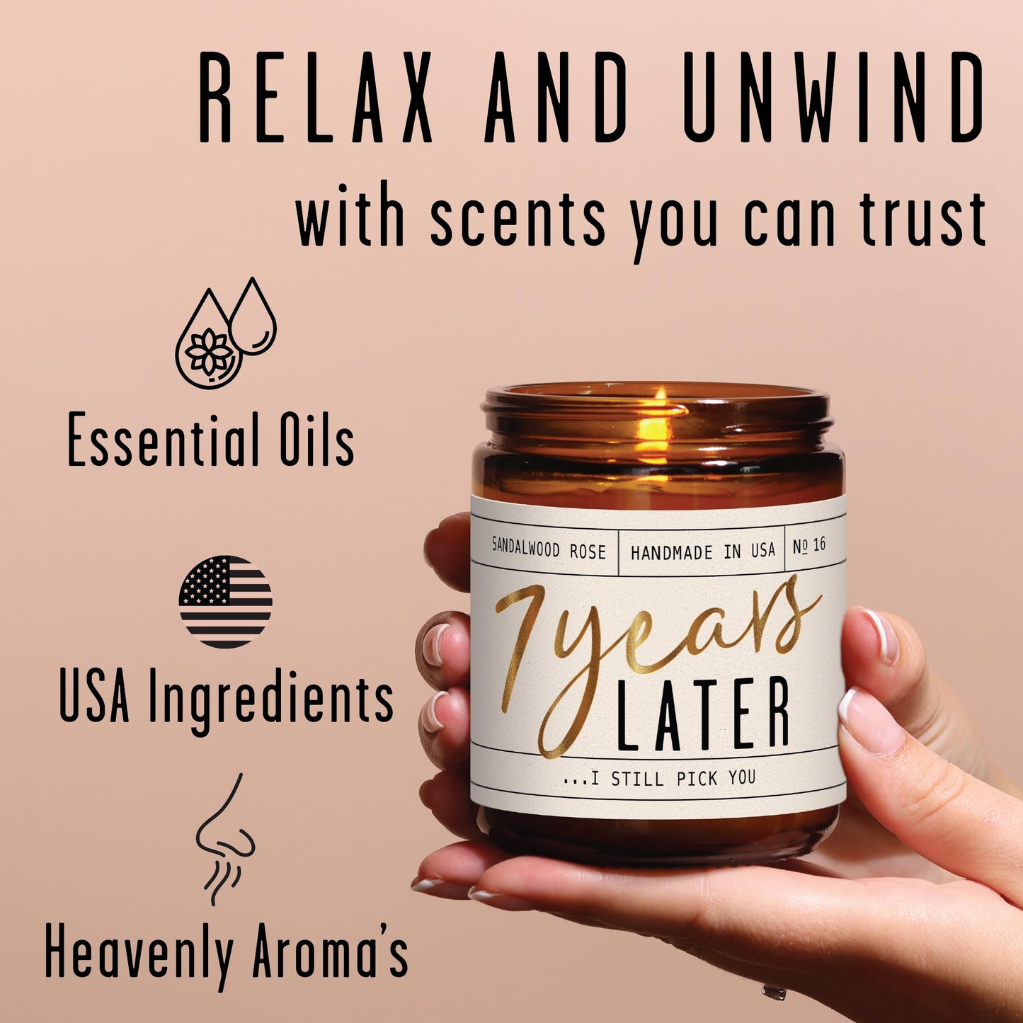 7 Year Anniversary Gift for Her – 7 Years Later Soy Candle, Sandalwood Rose, USA Made