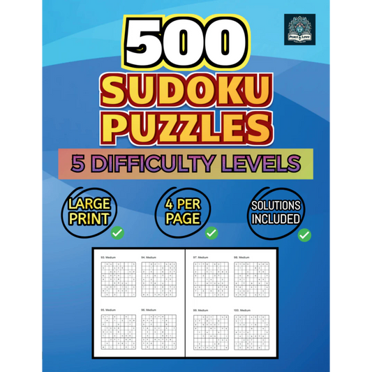 500 Sudoku Puzzles - 5 DIFFICULTY LEVELS - 4 Per Page - Large Print - Solutions Included