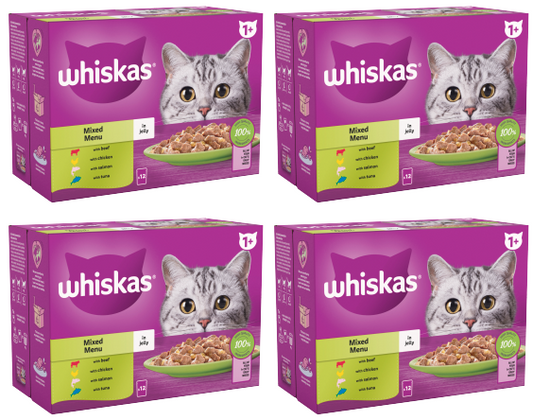 4 x Whiskas Cat 1+ Pouch Jely Mixed Menu 12 Pack - 12X85Gm