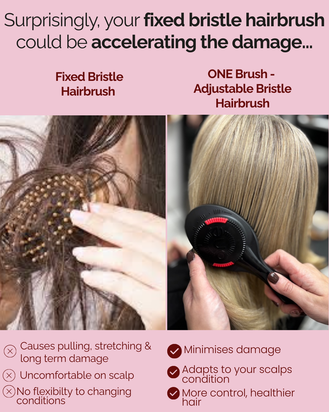ONE Brush - Adjustable Bristle Hairbrush, Pink