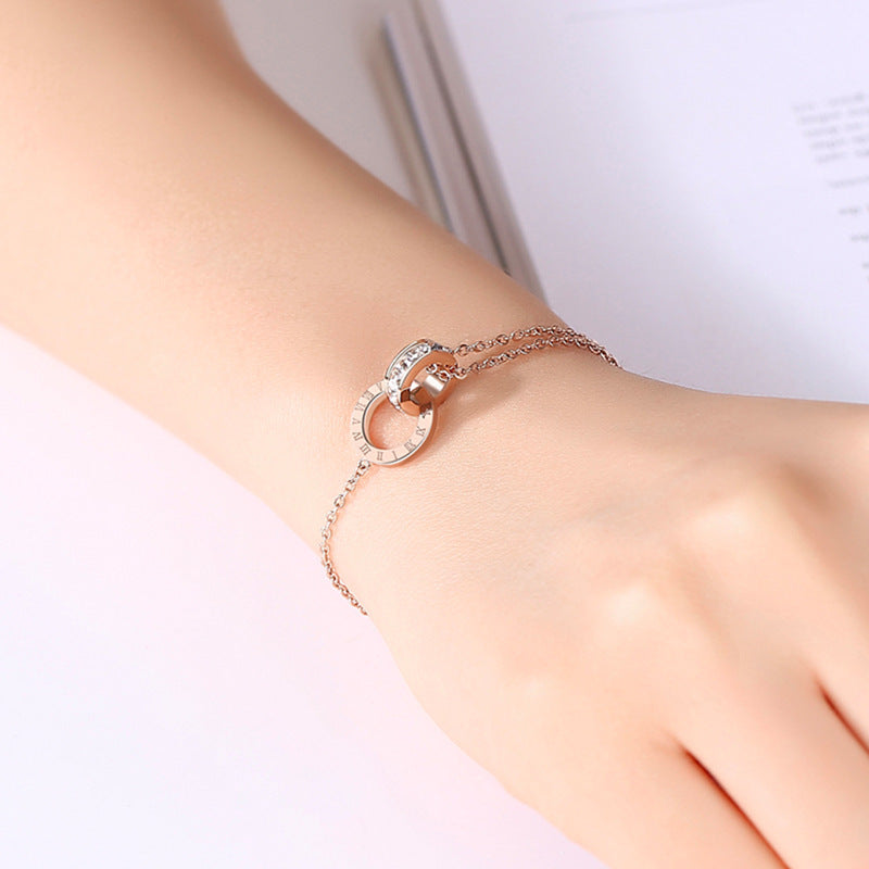 Luxury Diamond Zircon Roman Numeral Titanium Steel Bracelet for Women - Rose Gold