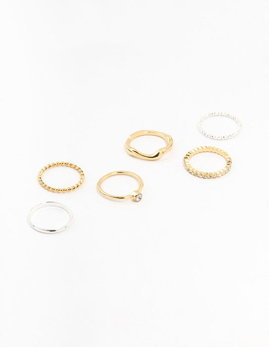 Mixed Metals Molten & Diamante Rings 6-Pack