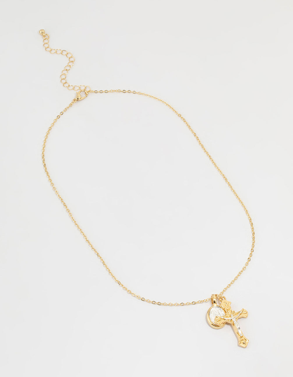 Mixed Metal Cross & Mary Pendant Necklace