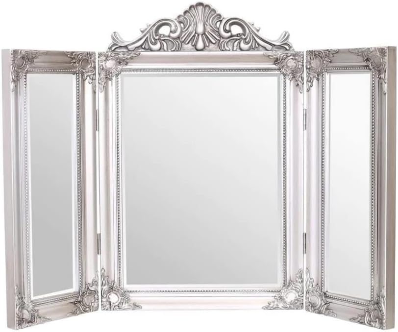 Silver Tri-Fold Dressing Table Mirror Ornate Freestanding Vanity