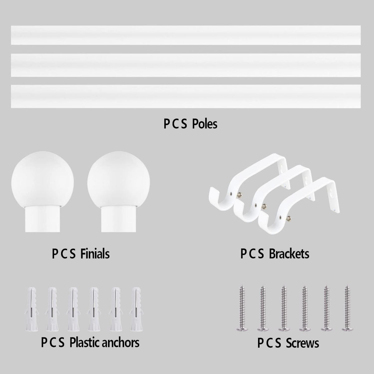 16/19mm Dia 120-210cm Extendable Curtain Pole Set, White, Ball Finials 48-84inch