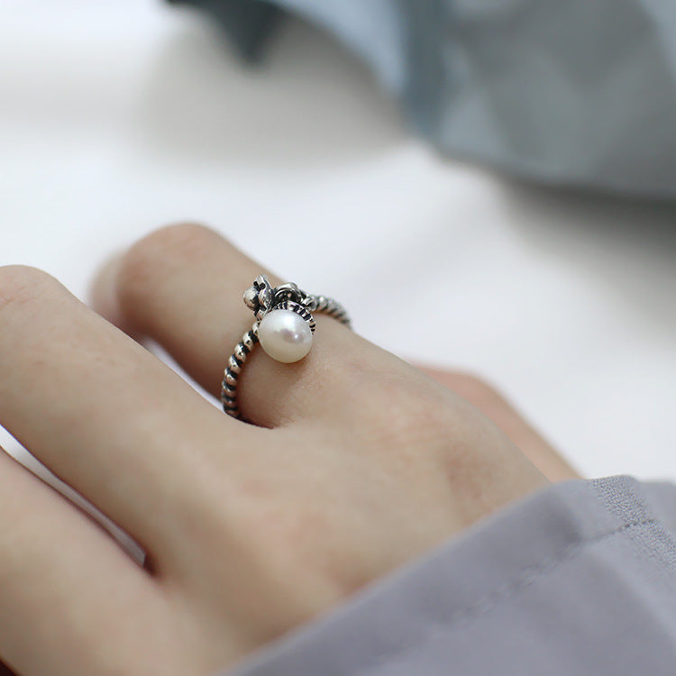 Natural Pearl Flower Twisted Adjustable Ring - Silver Pearl Rings for women - Perfect Pearl Rings with Gift Wrapping Included