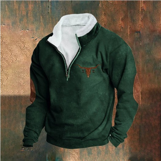 Retro Patchwork Half Cardigan Men's Long-sleeved Sweater