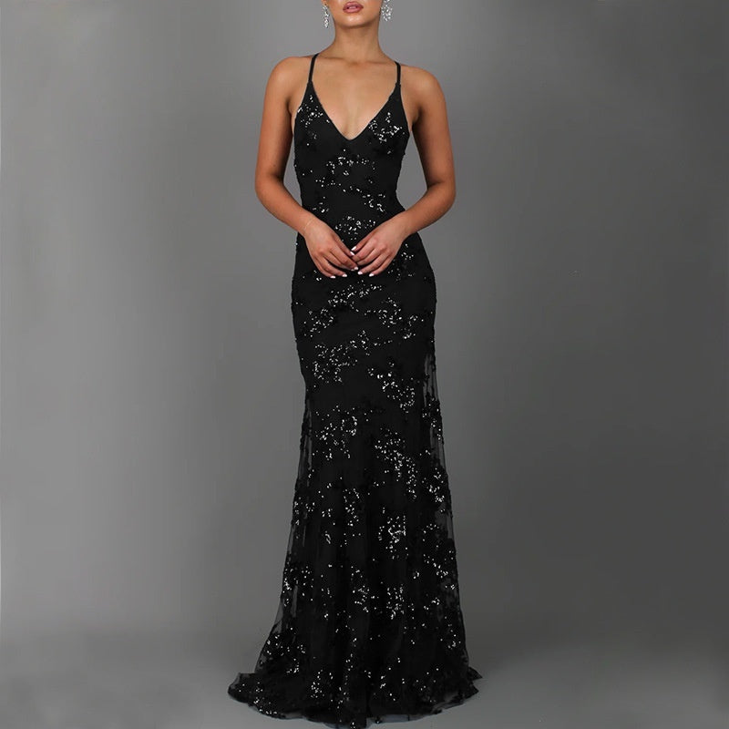 Dress V-neck Brace Backless Sequined Long Night Dresses High Waist Dance Wedding Prom Bridesmaid Maxi