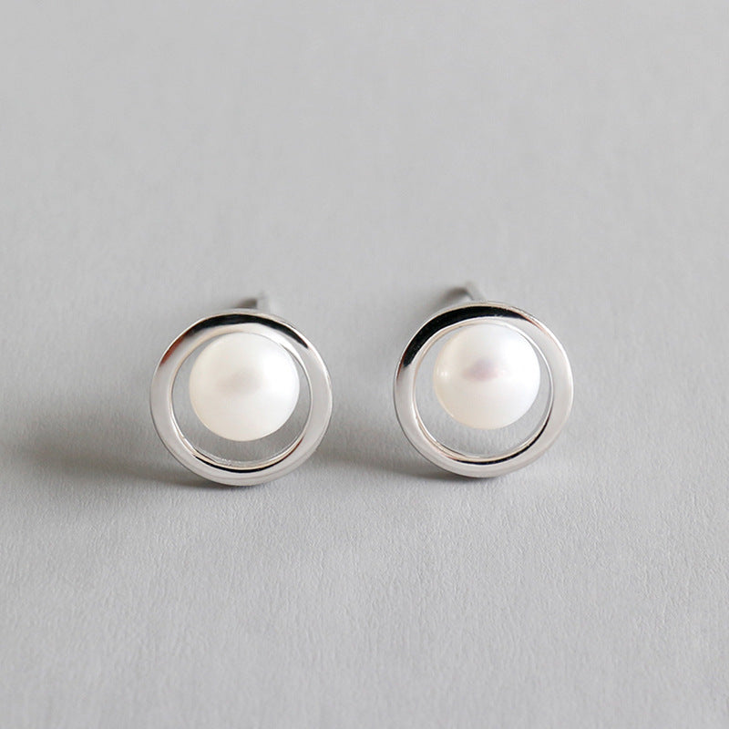 Geometry Hollow Circle Round Natural Pearl Stud Earrings - Palladium-Plated Silver Pearl Earrings for women - Perfect Pearl Earrings with Gift Wrapping Included