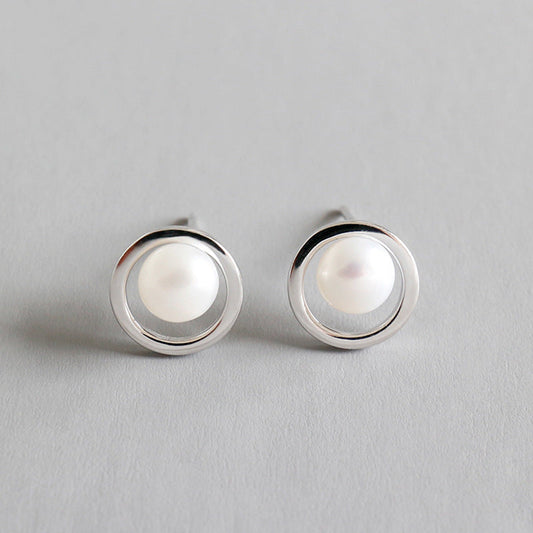 Geometry Hollow Circle Round Natural Pearl Stud Earrings - Palladium-Plated Silver Pearl Earrings for women - Perfect Pearl Earrings with Gift Wrapping Included