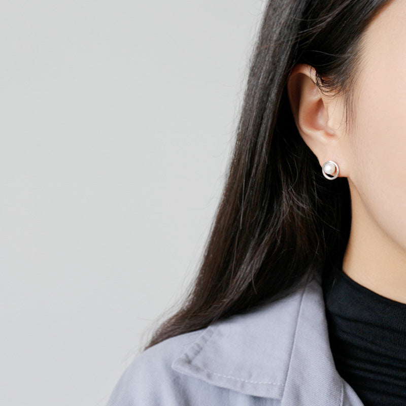 Geometry Hollow Circle Round Natural Pearl Stud Earrings - Palladium-Plated Silver Pearl Earrings for women - Perfect Pearl Earrings with Gift Wrapping Included