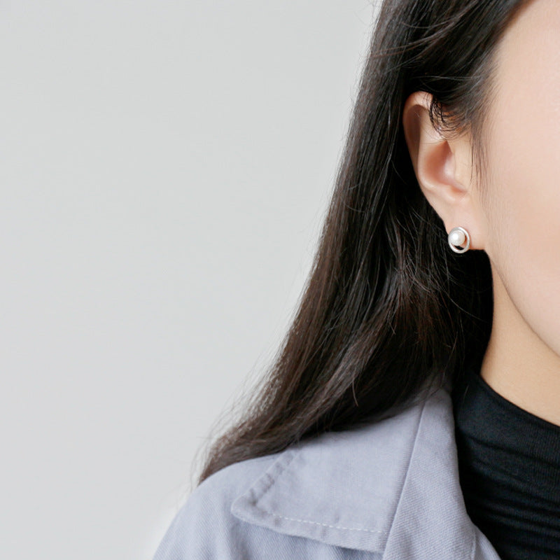 Geometry Hollow Circle Round Natural Pearl Stud Earrings - Palladium-Plated Silver Pearl Earrings for women - Perfect Pearl Earrings with Gift Wrapping Included