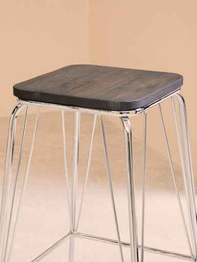 District Chrome Metal Frame And Elm Wood Seat Stool