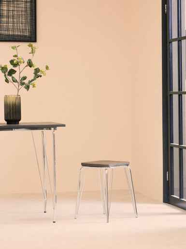 District Chrome Metal And Elm Small Wood Stool