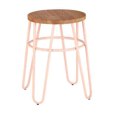 District Pink Metal And Elm Wood Hairpin Stool