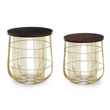 Agra Set Of 2 Side Tables In Mango Wood And Brass Finish