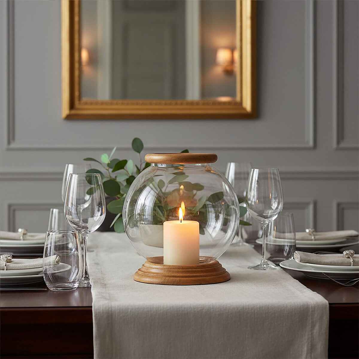 Hampstead Hurricane Small Candle Holder with Wood Rim