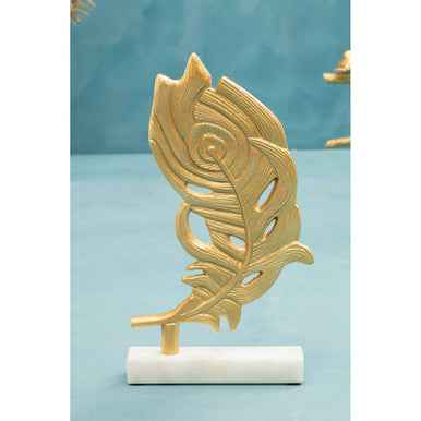 Evra Gold Peacock Feather Sculpture On White Marble Base