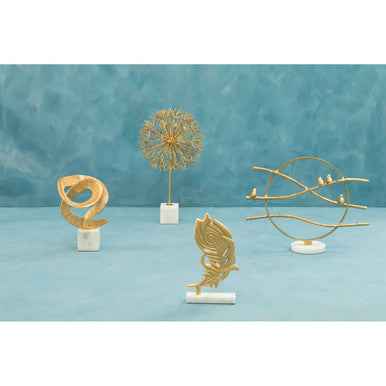 Evra Gold Dandelion Sculpture On White Marble Base