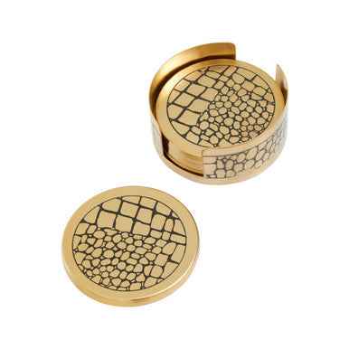 Meko Set of 4 Gold Finish Croc Pattern Coasters And Holder