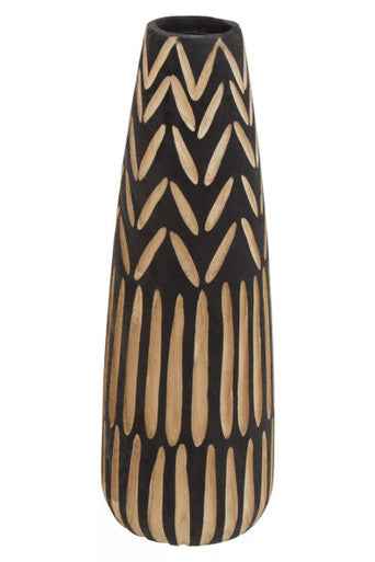 Arlo Large Wooden Engraved Vase In Black And Natural