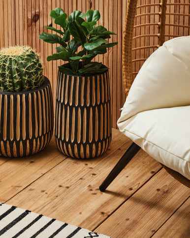 Arlo Large Engraved Natural And Black Wooden Planter