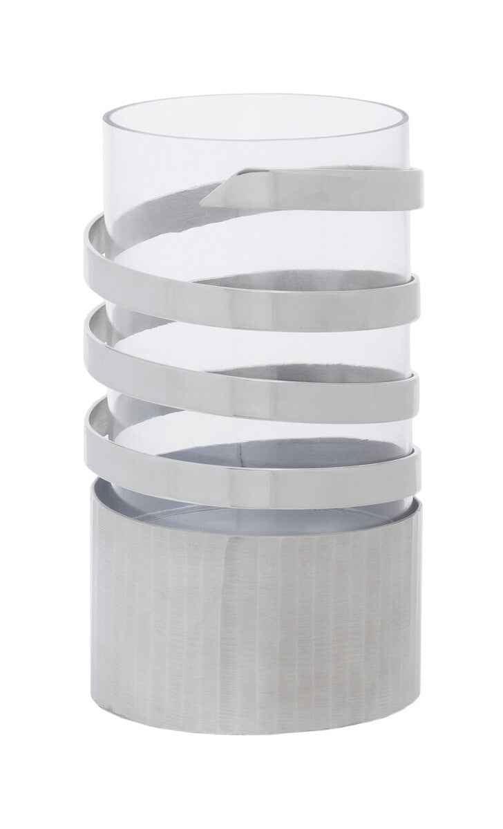 Amreli Small Vertical Textured Silver Metal Hurricane Candle Holder.