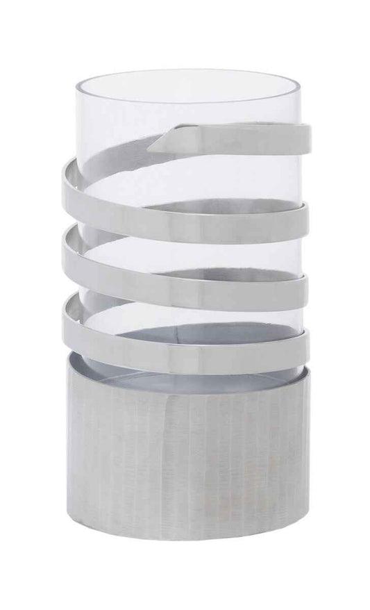 Amreli Small Vertical Textured Silver Metal Hurricane Candle Holder.