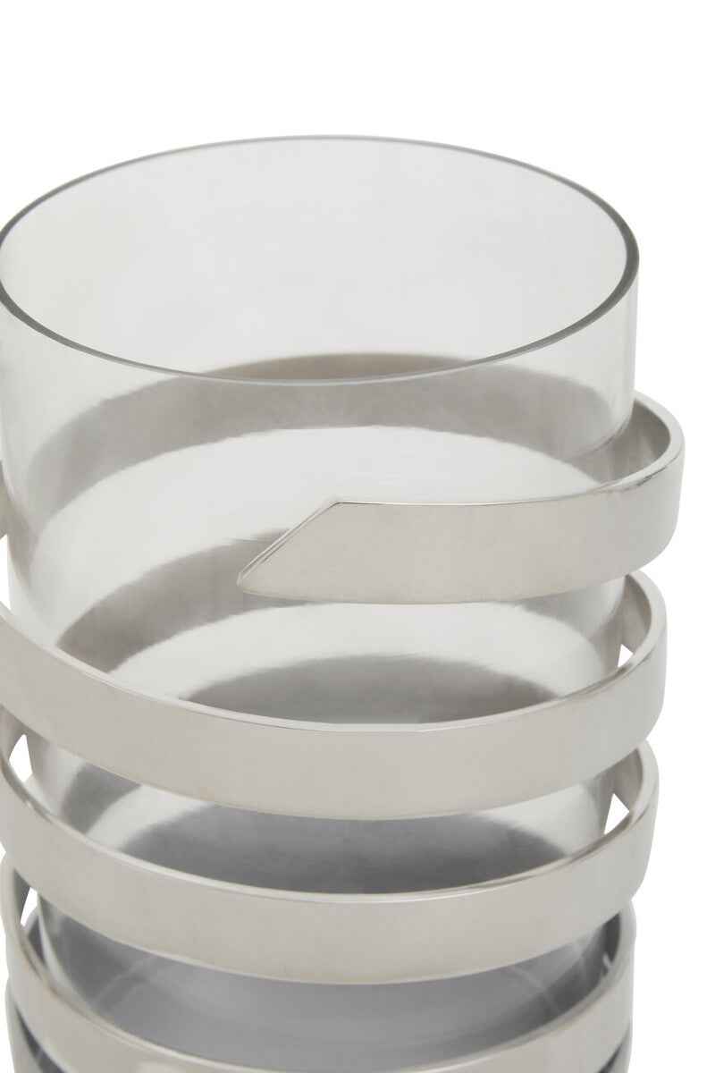 Amreli Small Vertical Textured Silver Metal Hurricane Candle Holder.