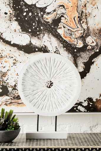 Fidel Distressed White Carved Wood Large Round Sculpture
