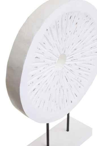 Fidel Distressed White Carved Wood Large Round Sculpture