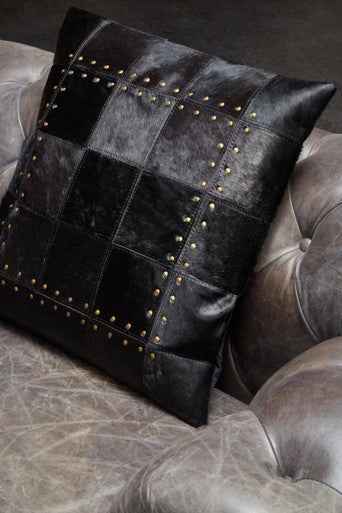 Bosie Safira Black Hair on Leather Patchwork Cushion