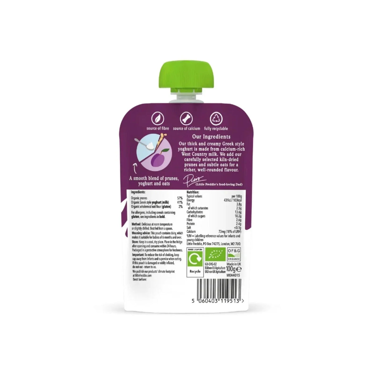 Little Freddie Organic Prune Greek Style Yoghurt with Oats Baby Food Pouch 6+ months 100g