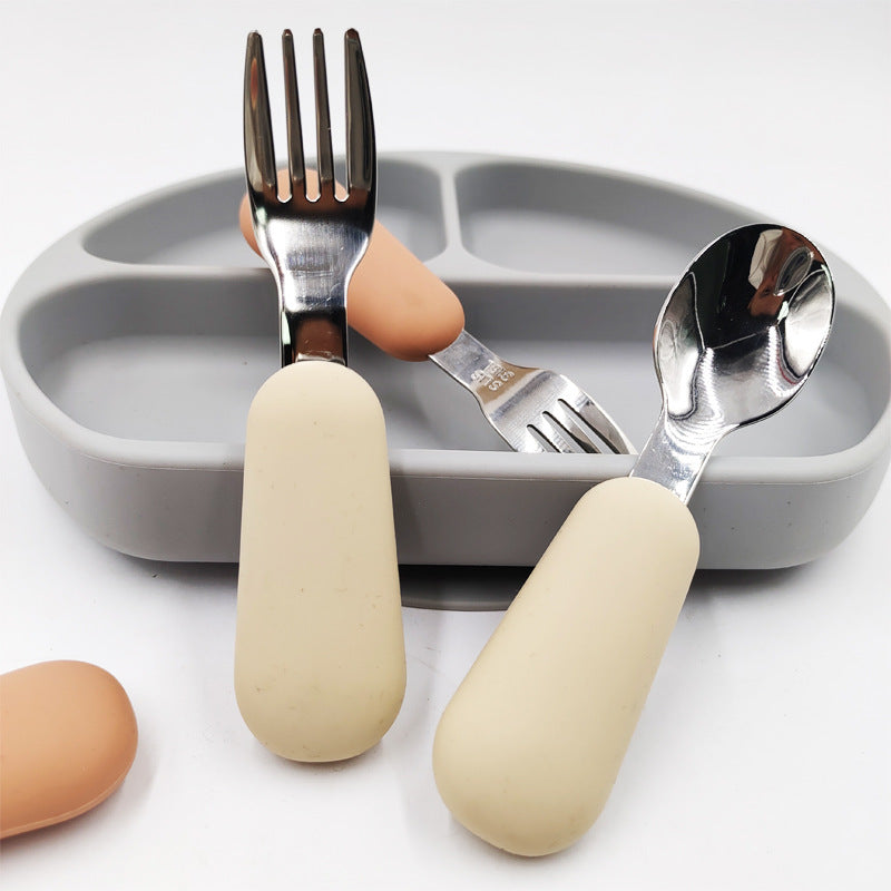 Stainless Steel Baby Spoon Fork Set - Short Handle Silicone Grip