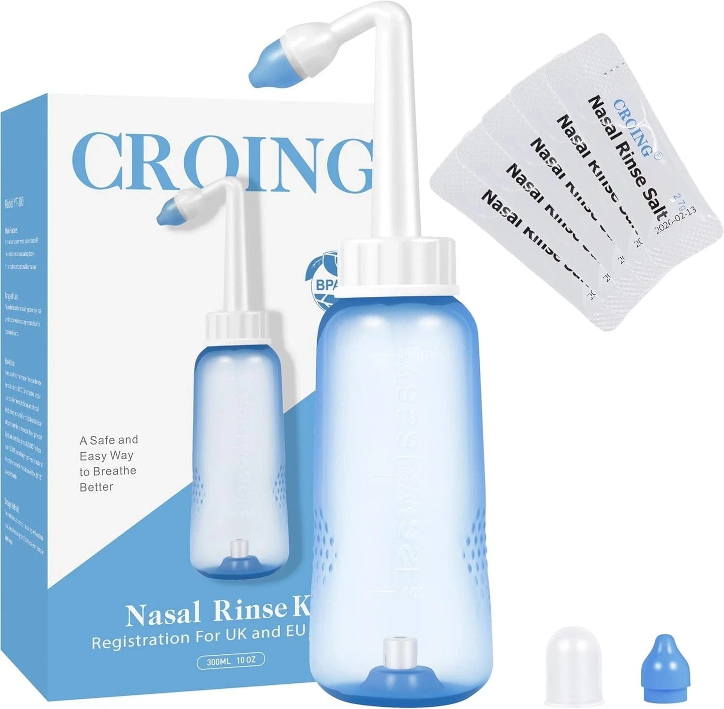 CROING 40 x Sinus Rinse Mix + 1x Nasal Wash Bottle (300ml), Neti Pot Kit, Nasal