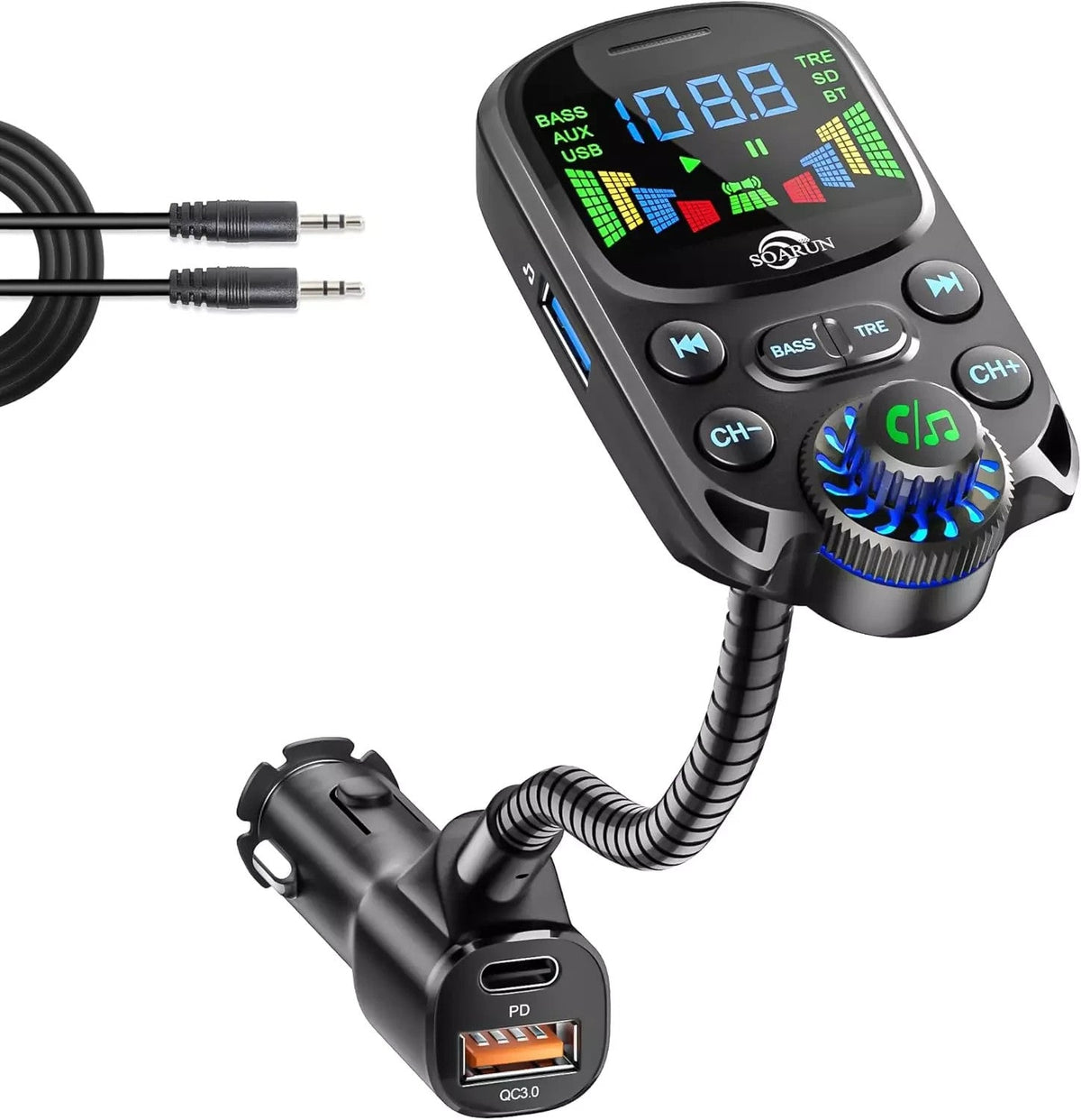 SOARUN Bluetooth 5.3 FM Transmitter, 48W AUX Car Adapter Charger with Hifi Sound