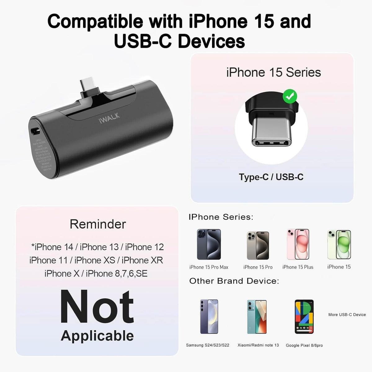 iWALK USB C Power Bank - Galaxy, Pixel, LG, Huawei, Xiaomi,  Android - 20W