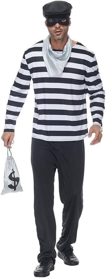 Bank Robber Burglar Adult 4 Piece Black White Striped Set Fancy Dress Costume M