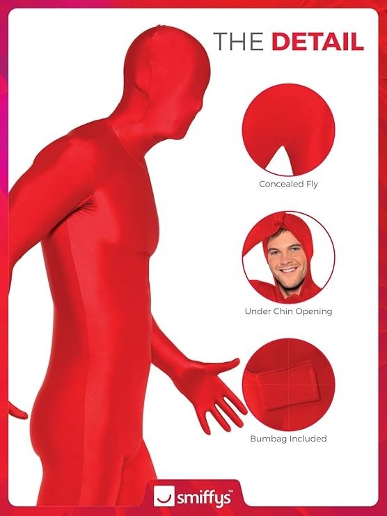 RED SKIN SUIT ADULT FANCY DRESS COSTUME SECOND SKIN BODY SUIT ALL IN ONE OUTFIT