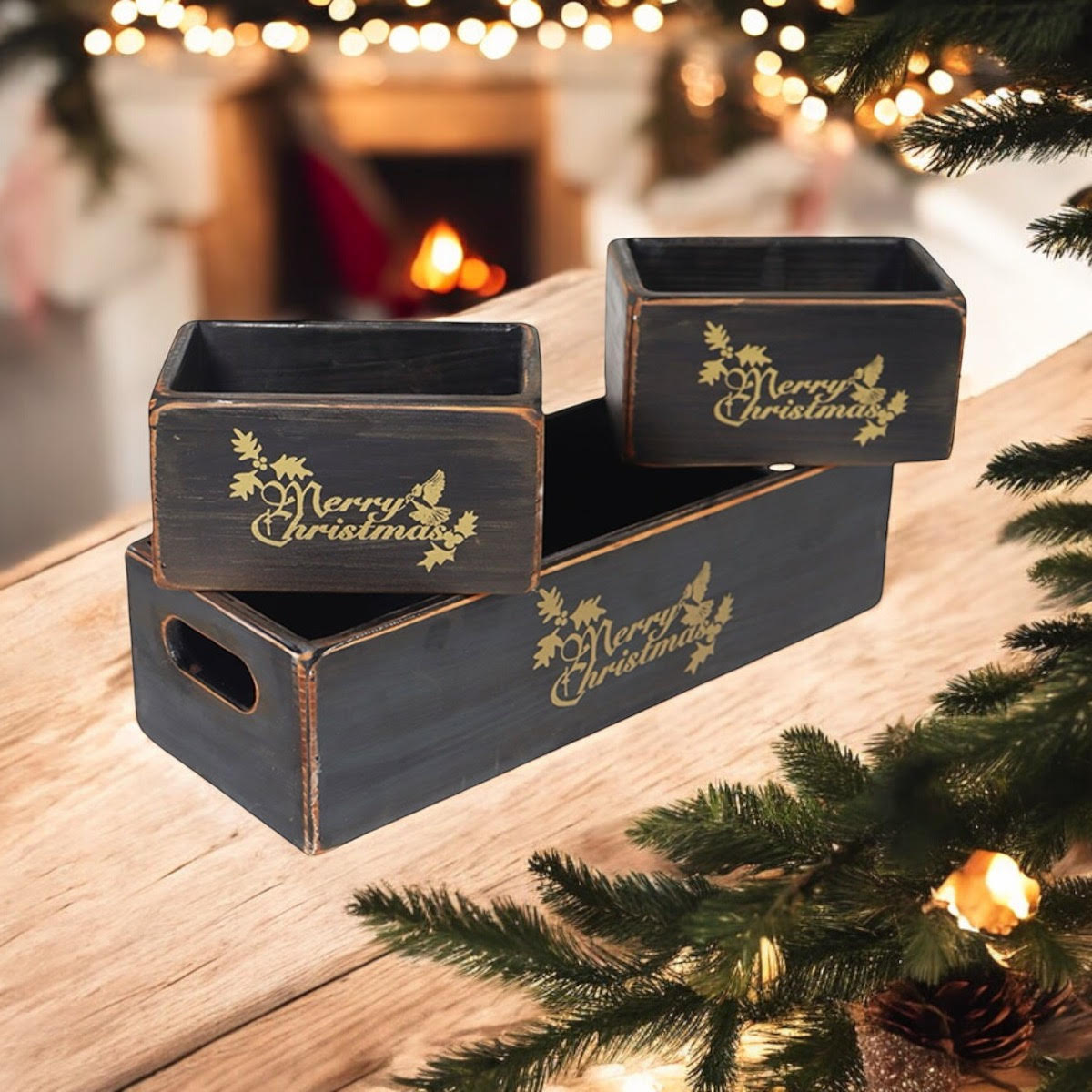 34/15/15CM SET 3 BL;ACK WOODEN BOXES