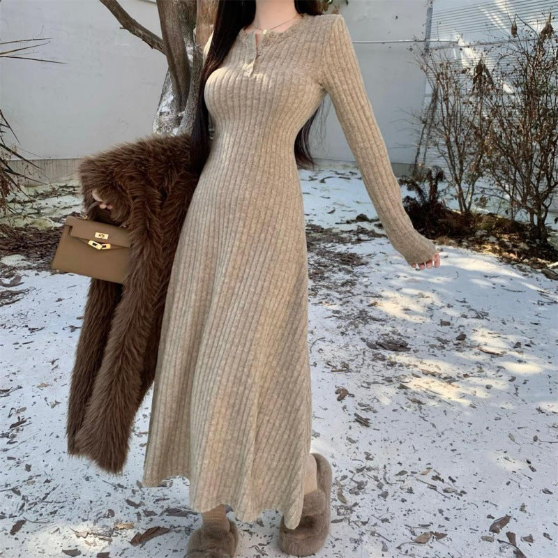 Slim-fit Temperament Pure Color Bottoming Skirt V-neck Knitted French Midi Skirt