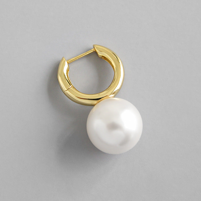 Fashion Big Round Shell Pearl Hoop Earring(Single) - Gold-Plated Silver Pearl Earrings for women - Perfect Pearl Earrings with Gift Wrapping Included